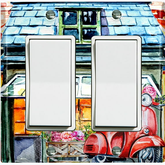 Metal Light Switch Wall Plate Outlet Cover (Coffee Mocha Espresso Shop Cafe Vintage Store Front Flower - Double Rocker)