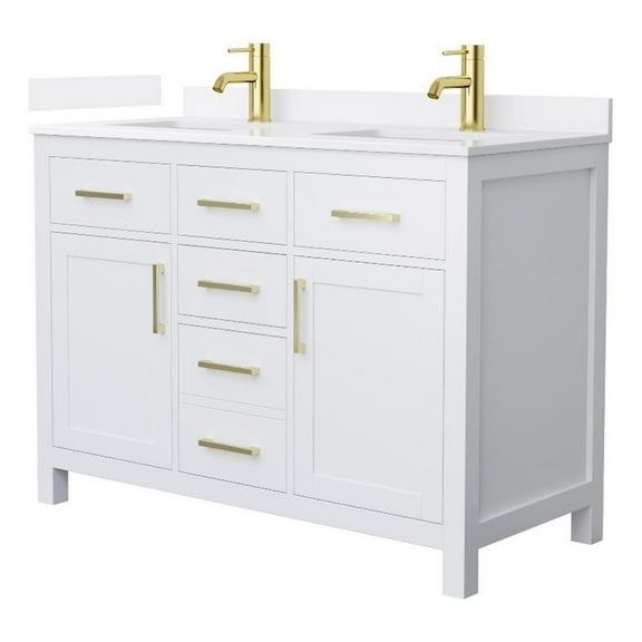 Beckett 48" White Double Vanity & White Quartz Top (1-Hole) & Gold Trim