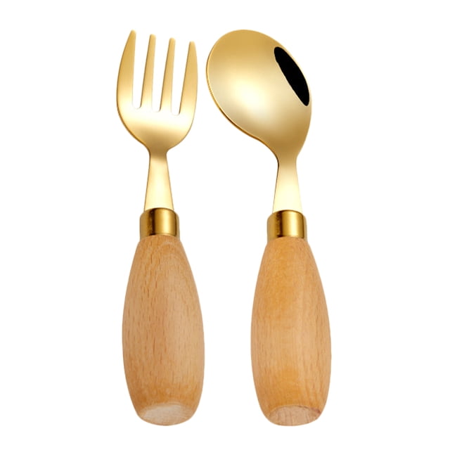2pcs Stainless Steel Toddler Forks And Curved Spoon Set With Wooden Handle Baby Silverware Kids Fork Metal Forks Self Feeding Utensils Children Cutlery Forks For Lunch Box