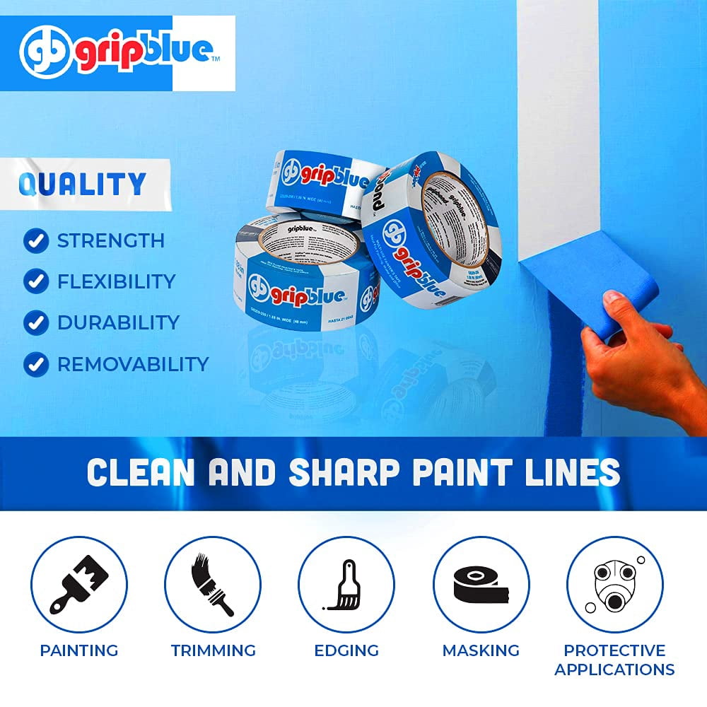 GripBlue Blue Painter’s Tape 2 Inch (1.88 in) x 60 Yards, 24 Rolls Contractor Pack, Multi-Surface Masking Tape, Clean Removal