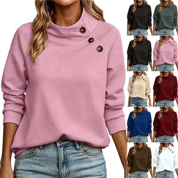 Otntypg Womens Asymmetrical Button Mock Neck Sweatshirt Lightweight Casual Fall Long Sleeve Basic Solid Color Atheltic Sweatshirts Trendy Oversized Cozy Pullover Tops