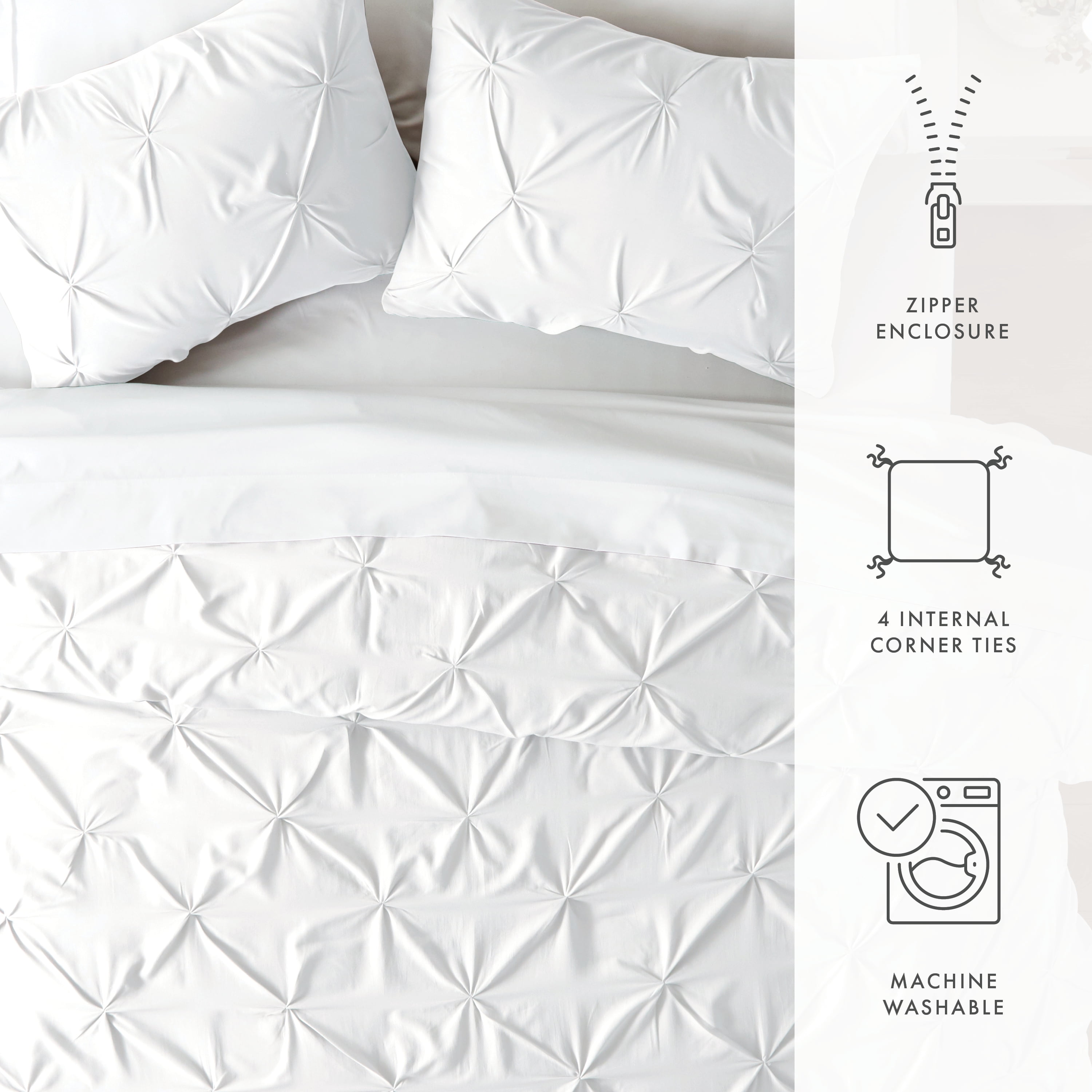 Noble Linens White Pinch Pleat 3-Piece Duvet Cover Set, Full/Queen