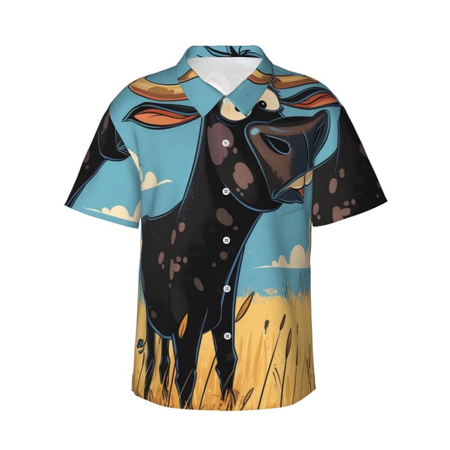 Fotbe Whimsical Cartoon Cow Camisa Hawaiana para Hombre Unisex – Camisa Casual de Verano con Botones de Manga Corta de Algodón y Lino,Large
