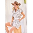 thumbnail image 3 of Notched Neck Button Elastic Band Waist Stripe Print Romper Off White M, 3 of 5