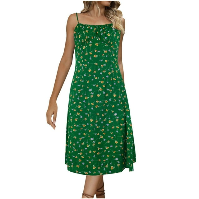 Robes d'Été pour Femmes Sans Manches à Bretelles Spaghetti Imprimé Floral Robe Midi Décontractée Ample