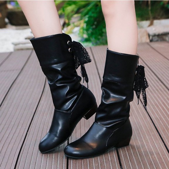 CYRBOKO Slouch Boots for Women, Side-zip Casual Knee High Low Heel Women's Shoes Black Size 5.5