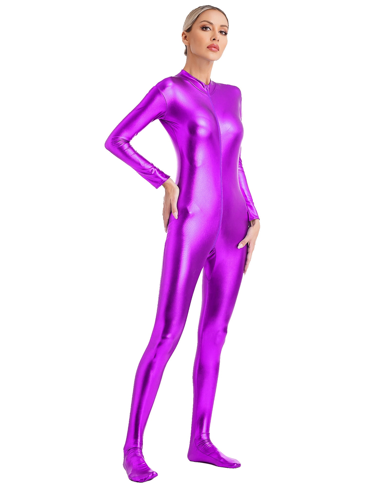 Eandarui Women's Shiny Metallic Unitard Turtleneck Long Sleeve