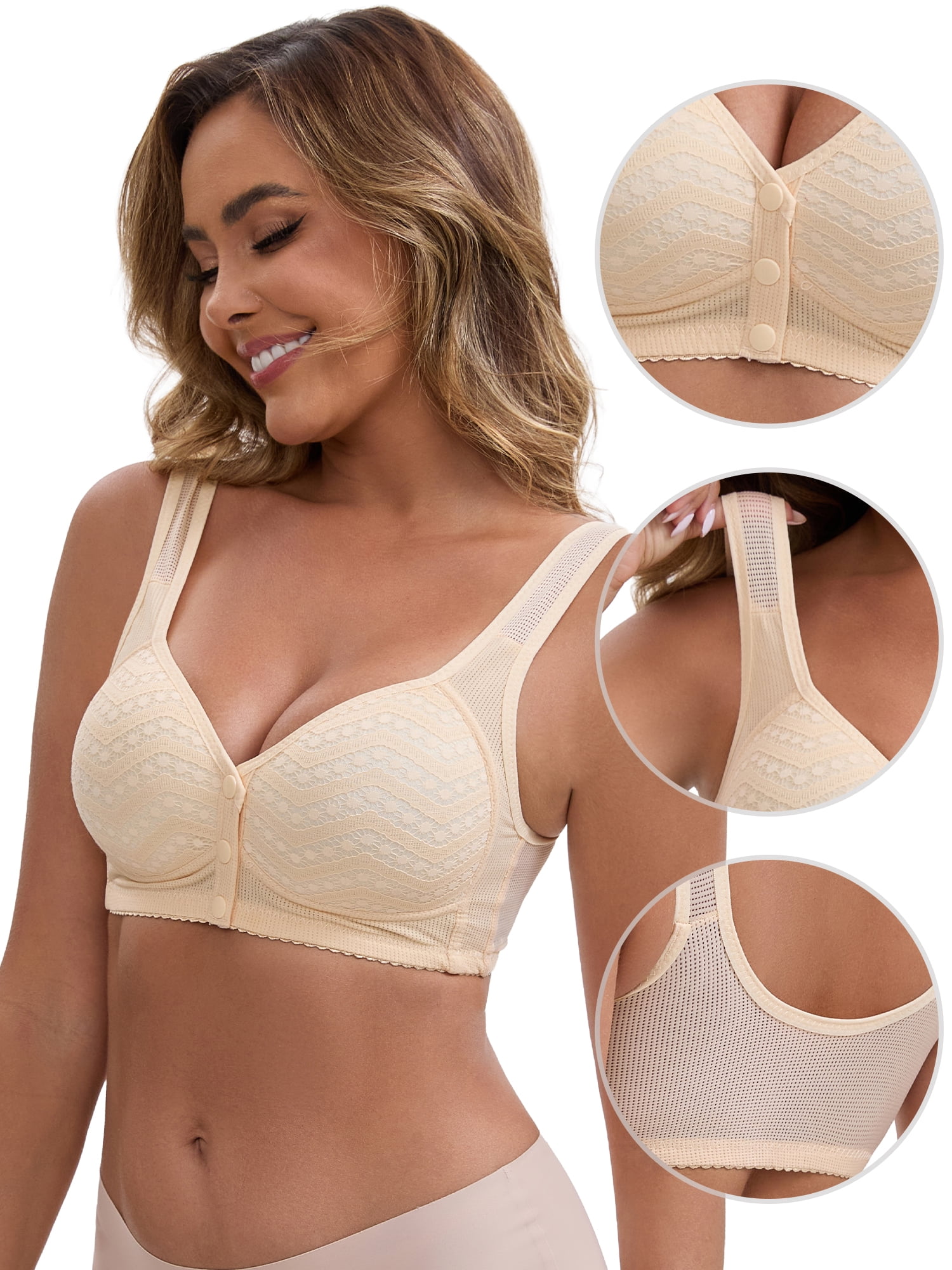DARING DIVA Women's Lace Front Closure Push Up Wide Strap Bra XXL Beige