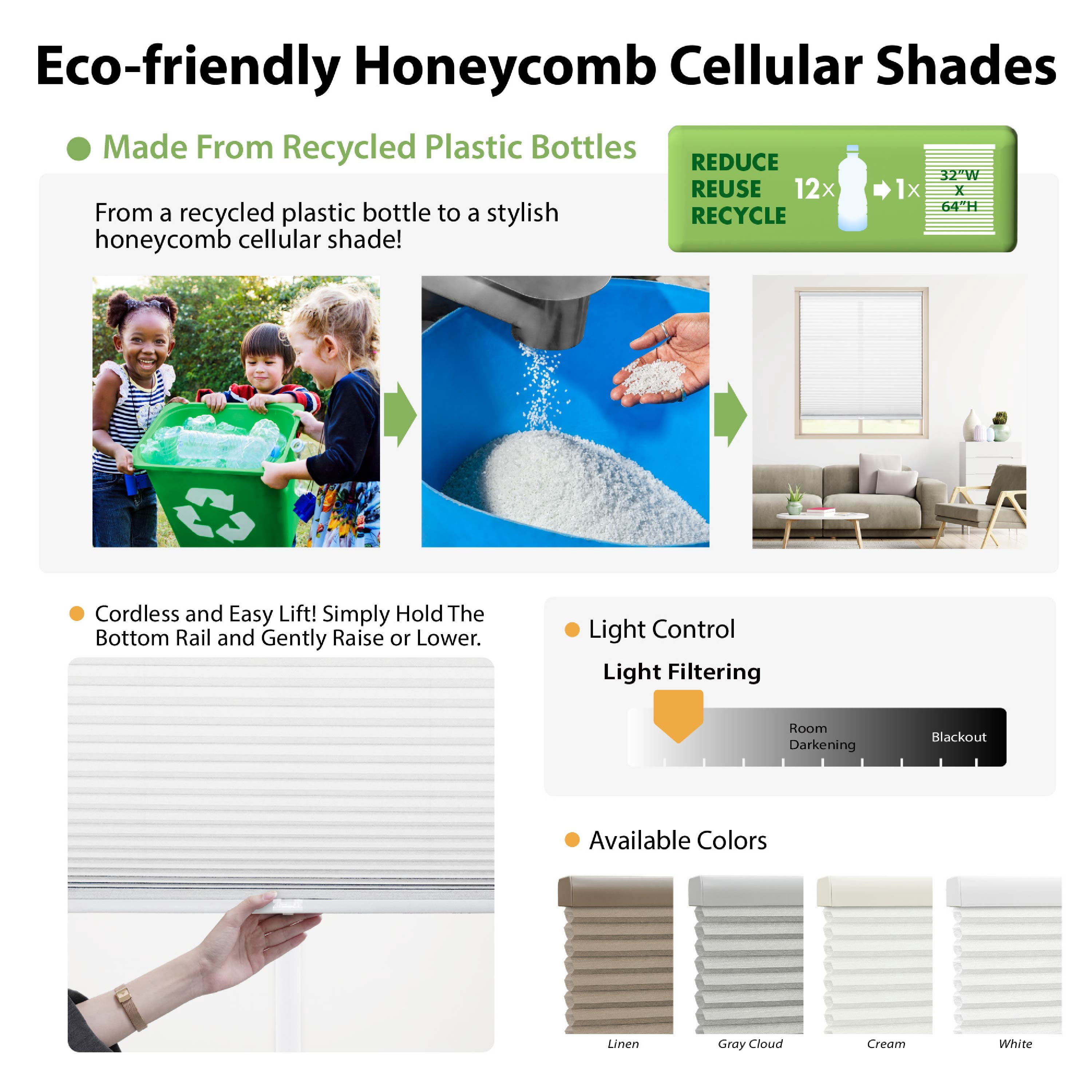 Regal Living Cordless Light Filtering Cellular Shade, White - 44.5" W x 72" L