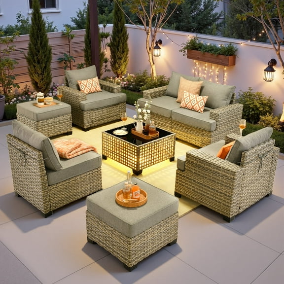 Ovios 8-Piece Outdoor Patio Furniture Set with Solar-Powered Lighted Coffee Table All-Weather Wicker Conversation Seating with Ottomans, Dark Gray