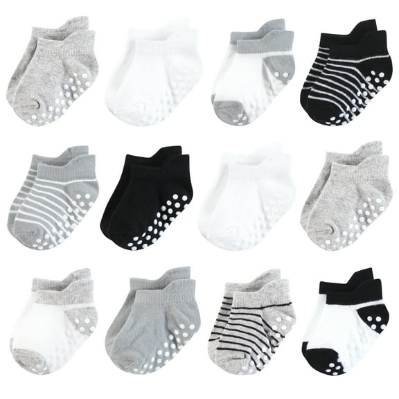 Hudson Baby Infant Boy Non-Skid No-Show Socks, Black Gray Stripes, 12-24 Months