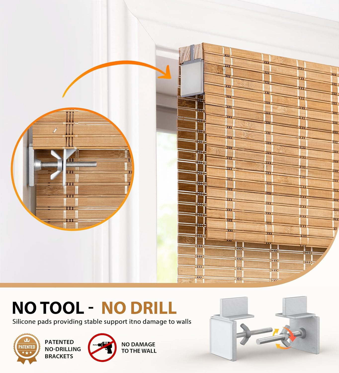 LazBlinds No Tools No Drill Cordless Bamboo Roman Shades, Light Filtering Window Treatment, Roll Up Bamboo Blinds for Window 30'' W x 64'' H, Brown