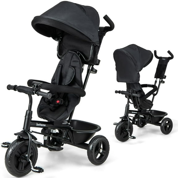 OLAKIDS Baby Tricycle, 6 in 1 Baby Trike Stroller Toddler Bike with Reversible Seat, Adjustable Handle, Control Direction, Removable Canopy, Safety Harness, Belt, Storage Basket, 9 Months-5 Years