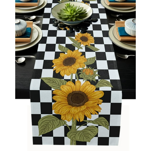 Table Runner Dresser Scarves 90 Inch Long, Farmhouse Blossom Sunflowers Buffalo Plaid Linen Dining Table Runners Black White Tabletop Scarf for Wedding Holiday Party Kitchen