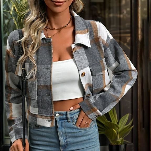 CFLVAEK Cropped Jackets Women Fashion Plaid Short Jacket Casual Lapel Button Down Fall Coat Long Sleeve Coats with Pockets Gray M