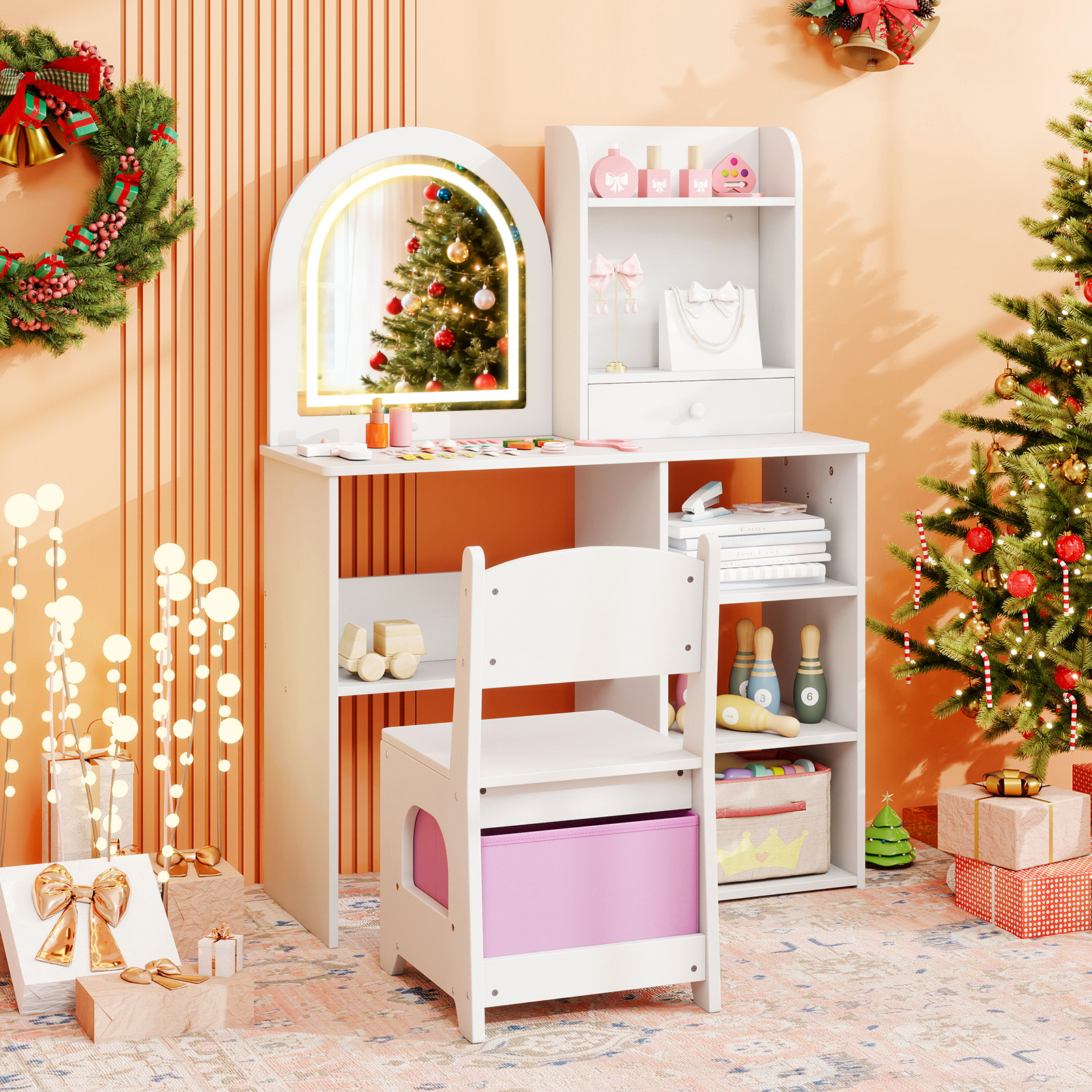 Gymax Kids Vanity Set Princess Girls Makeup Vanity Desk w/ 3-Color LED Lighted Mirror White