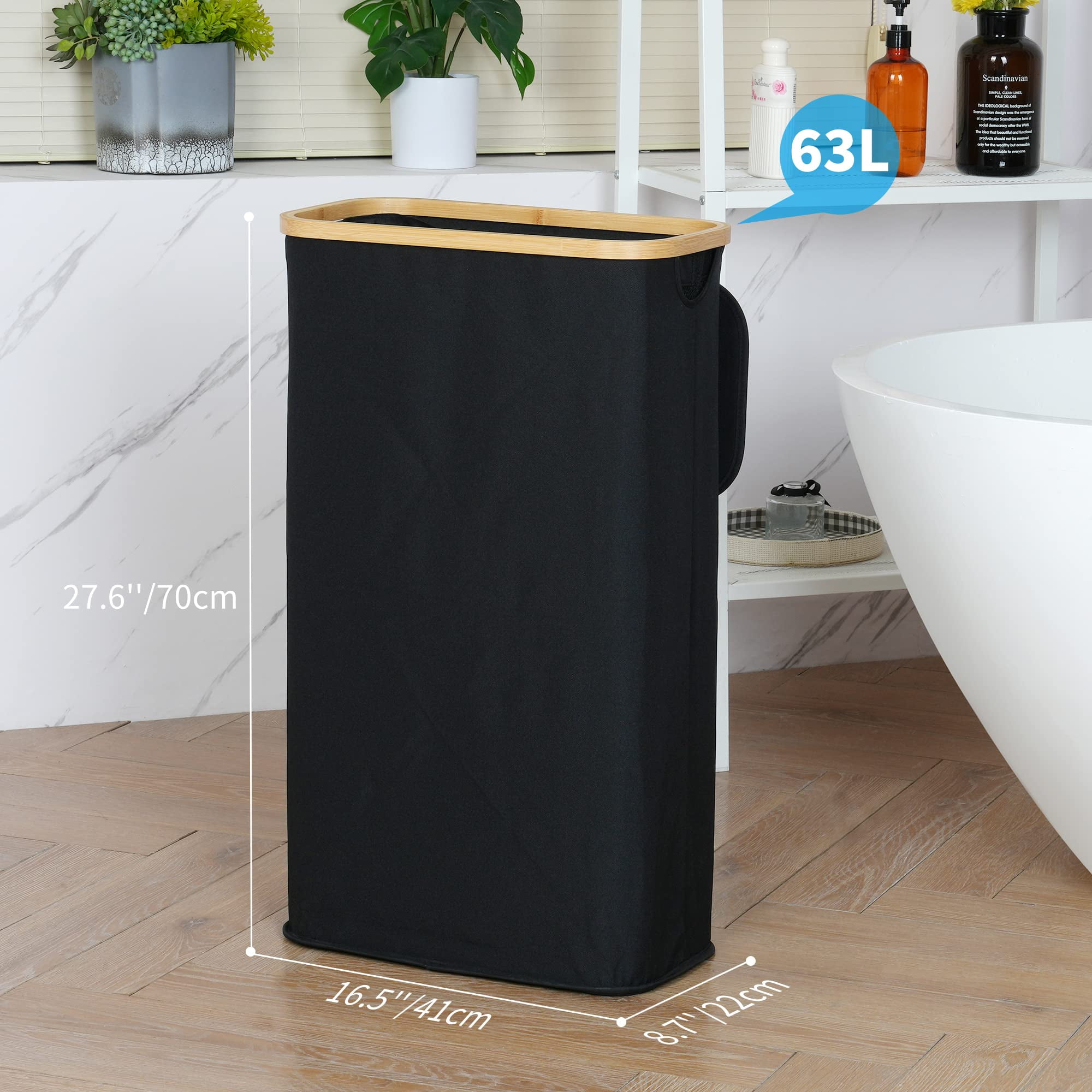 Efluky Slim Laundry Basket with Lid, Narrow Laundry Hamper with Removable Bag, Skinny Dirty Clothes Basket with Bamboo Handles for Bathroom, Bedroom & Laundry Room, 63L Black