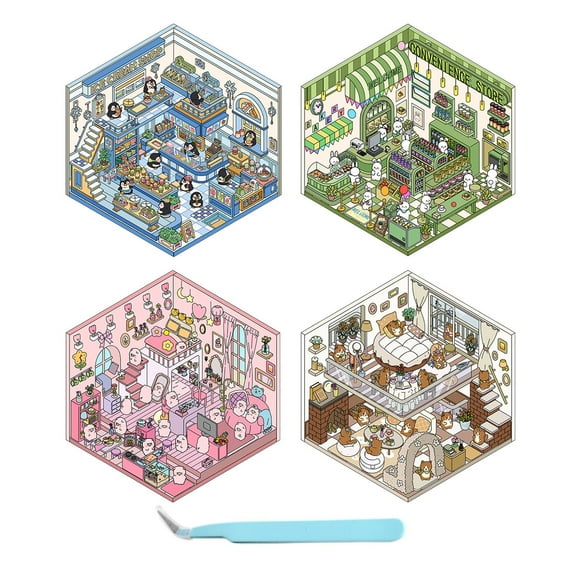 Sylvtty 4 Sets 3D Scene Stickers Reusable Adjustable DIY Cat Cafe House Stickers Stress Relief Entertainment Decals