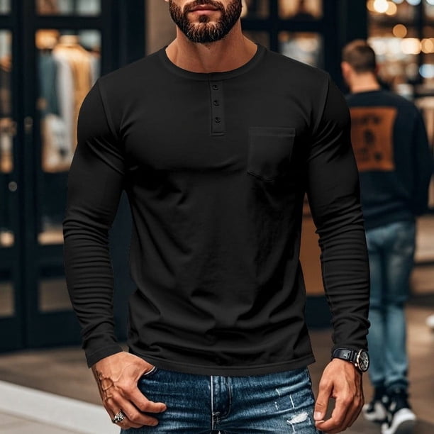 pstuiky camisa de manga larga para hombre, Camisas casuales de color liso con botones y bolsillos para hombre, de manga larga y cuello redondo top de hombre xxl