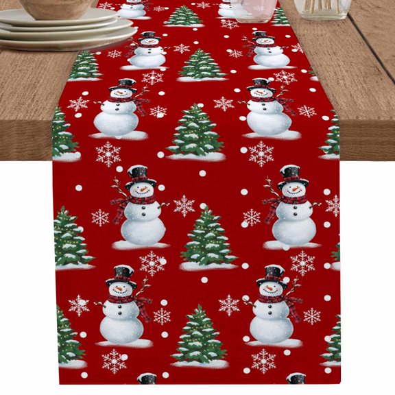 nqOlkjepod Red Christmas Snowman Table Runner 108 Inches Long Farmhouse Dress Scarves, Winter Snowflakes Xmas Tree Forest Dining Tablerunner for Coffee Table/Kitchen Island/Party Décor, 13" x 108"