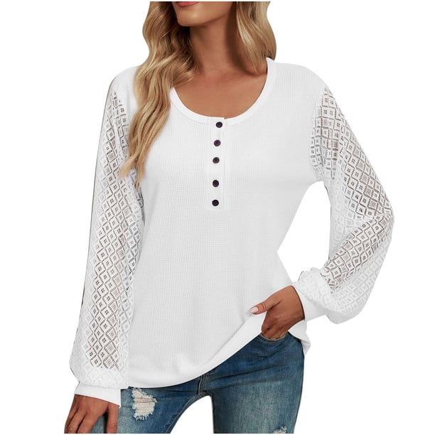 Blusa de manga larga con cuello en V de color sólido con costura de encaje informal para mujer Pompotops qwe24522