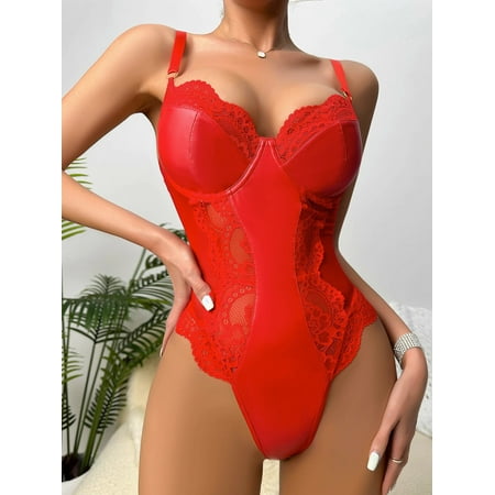 Generic New Sexy Lingerie Sexy Women Patent Leather Lace Hollow Jumpsuit Sexy Suit