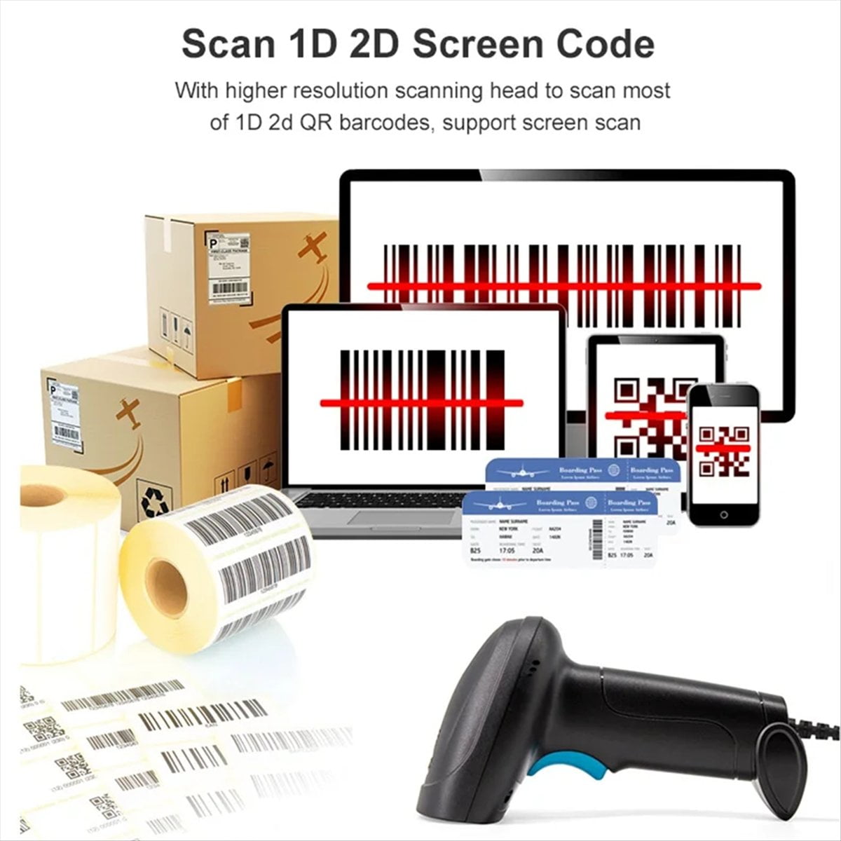 Universal 1D/2D USB Wired Barcode Scanner Handheld QR Codes Reader Mobile POS Plug and Play Support Logistic Store