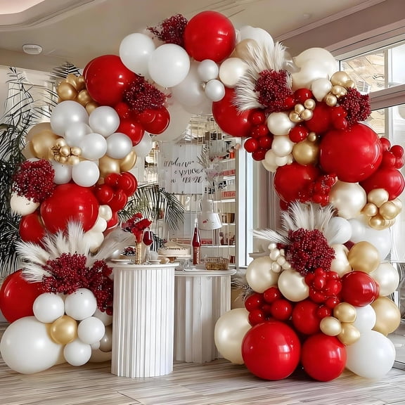 "Red White Gold Double Stuffed Burgundy Red White Sand Pearl Maroon Wine Balloon Garland Arch Kit for Christmas New Year Birthday Wedding Anniversary Party Decorations