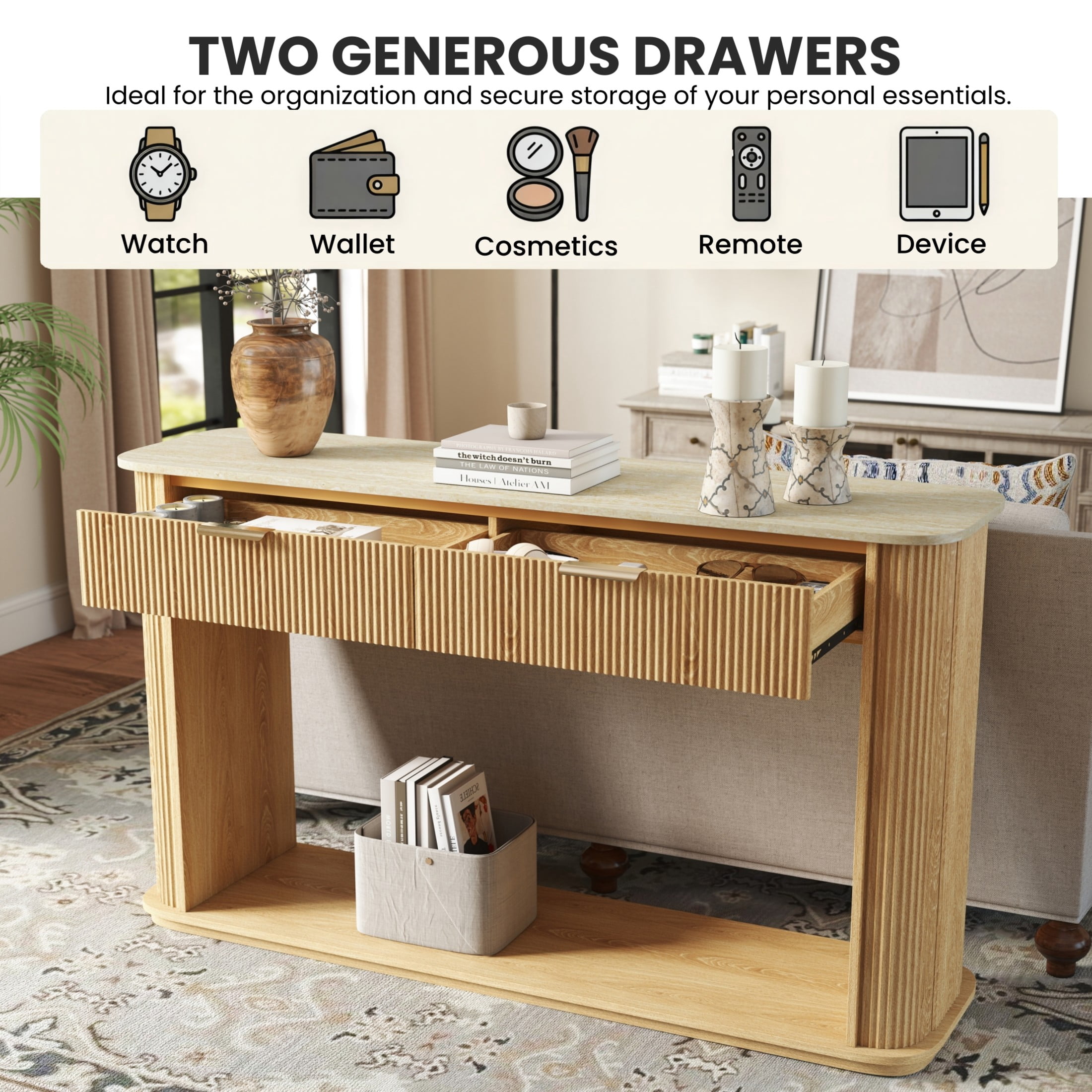 Noble House 63" Fluted Console Table with Faux Travertine Top & Rose Gold Trim, Entryway Sofa Table, Natural Wood