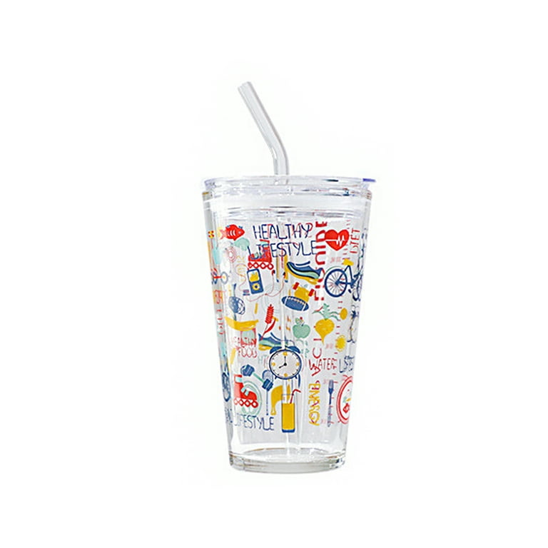 Cartoon Glass Tumbler with Straw and Lid Glass Water Bottle Summer Drinks Cold Beverages,Reusable Durable Cup for Kids & Adult, Size: Style 3