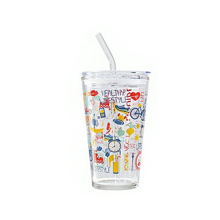 

Drinking Utensils Cartoon Glass Tumbler With Straw Transparent Tea Coffee 450ml Beverages Water Cup