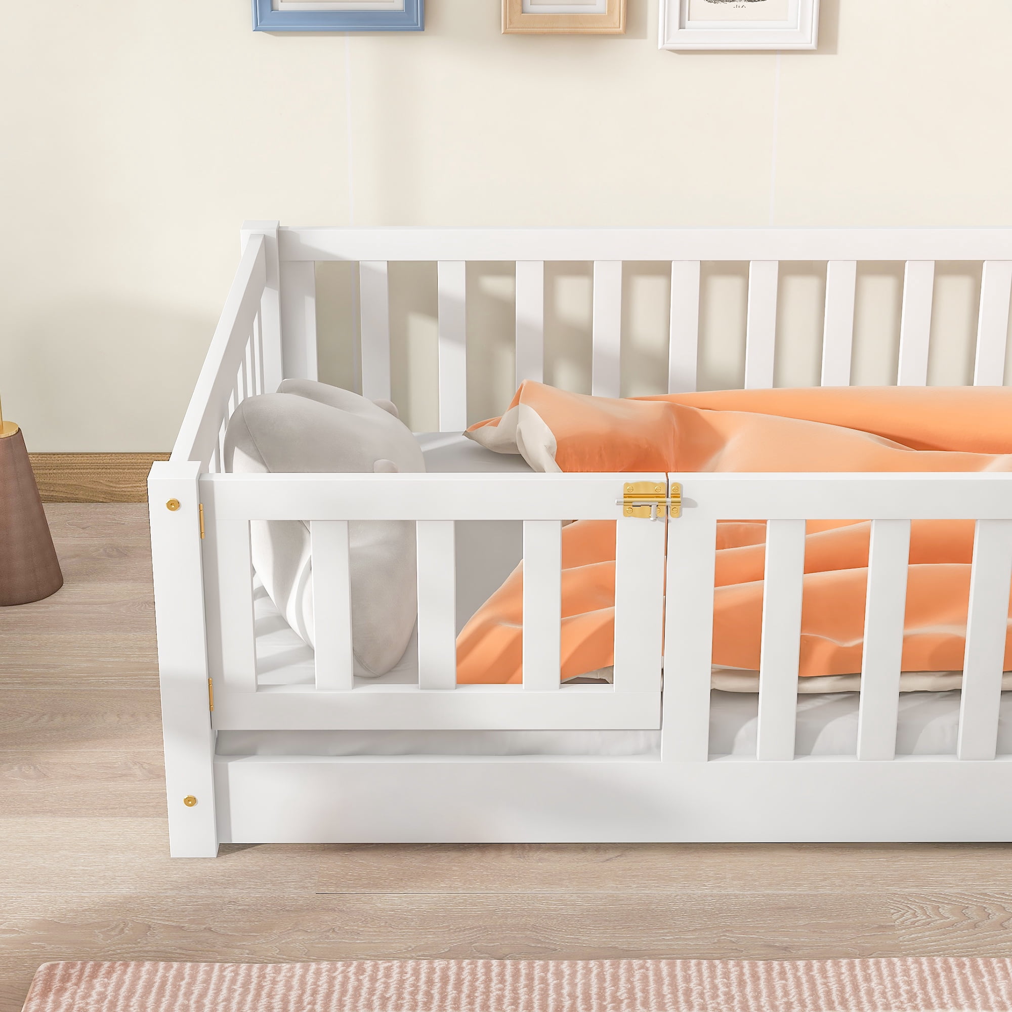 Mintazer Twin Floor Bed with Fence and Door, Montessori Bed with 17.5" Safety Guardrails for Kids Girls Boys, White