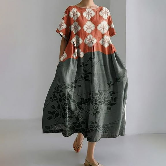 Fall Savings Clearacne Women's Casual Dress Womens Plus Size Oversized Baggy Boho Floral Cotton Maxi Dresses Flowy Summer Casual Loose Long Dress