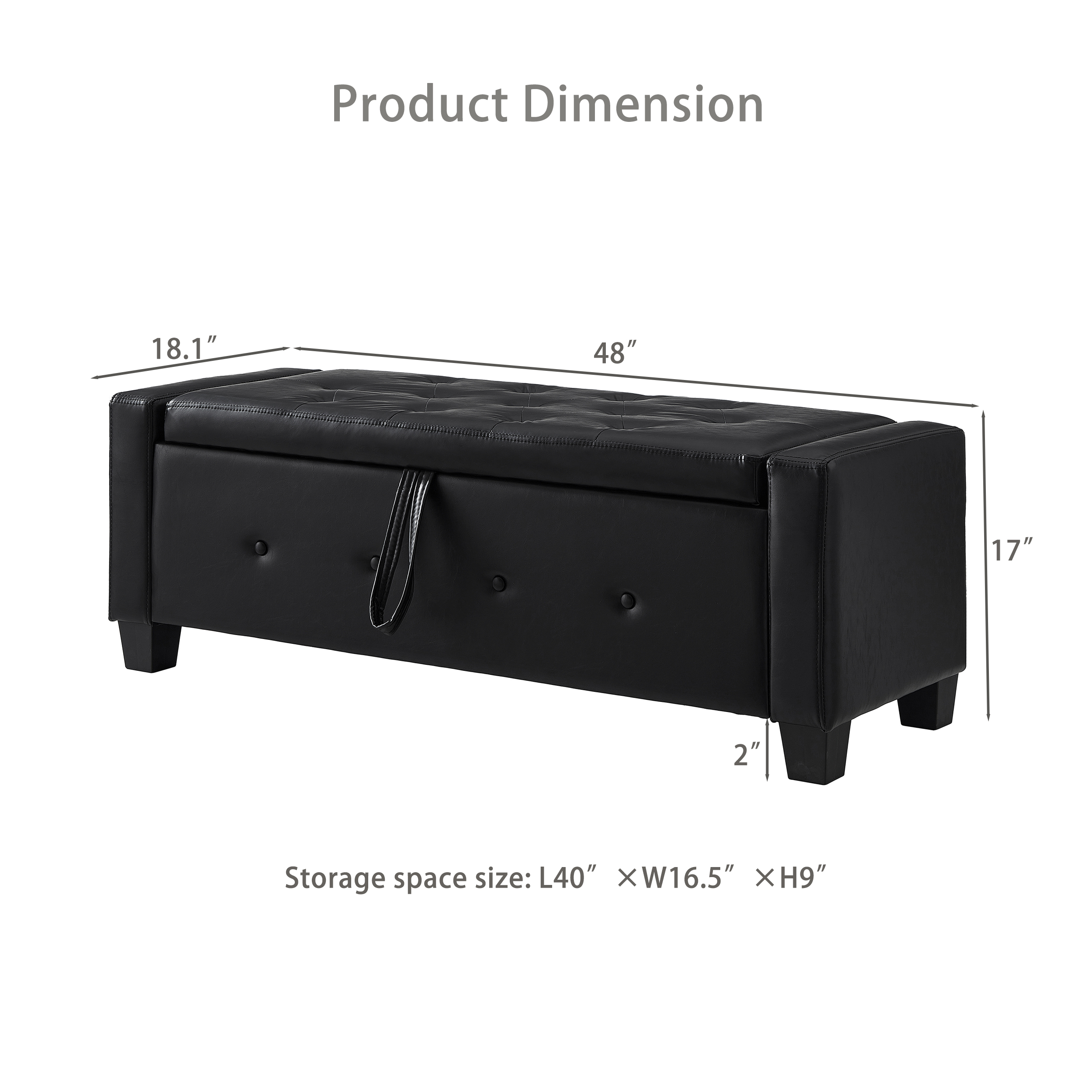 Faux Leather (PU) Storage Ottoman Bench, Features Tufted Upholstery and a Lift-Top for Spacious Hidden Storage, Multi-Purpose Bench for Any Room, Black (48"L x 18.1"W)