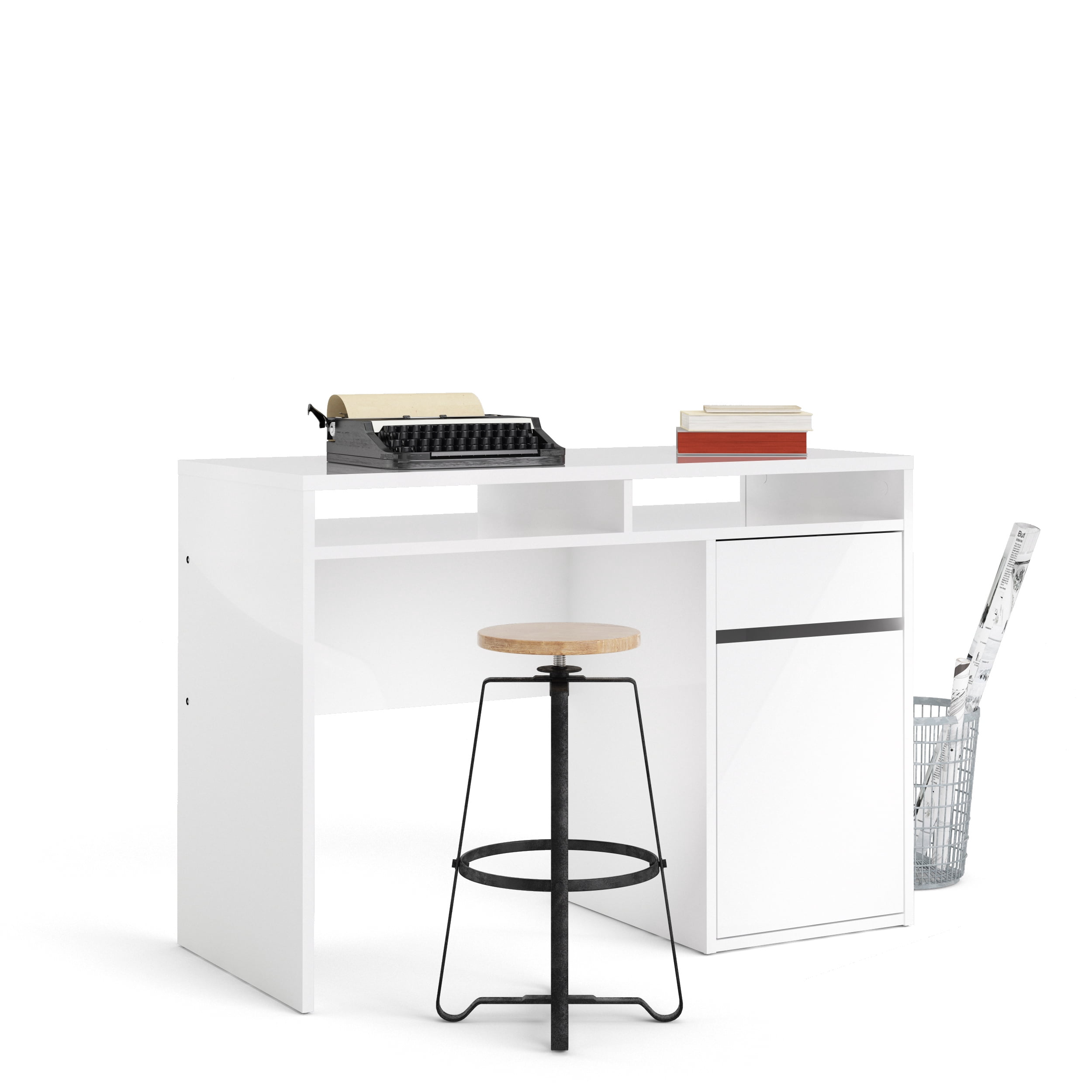 Willis 1 Drawer, 1 Door Desk, White High Gloss