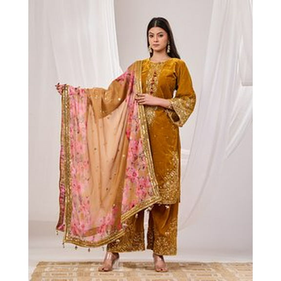 Futragabha Mustard Velvet Suit Set with Sequined Embellishments and Printed Organza Dupatta