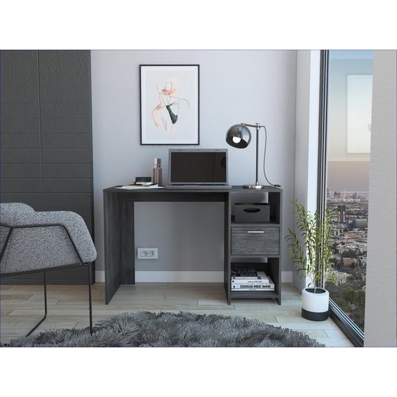 Desks, Modern Omma Computer Desk with 1 Drawer & 2 Shelves, 43.3”W | Engineered Wood | Grey
