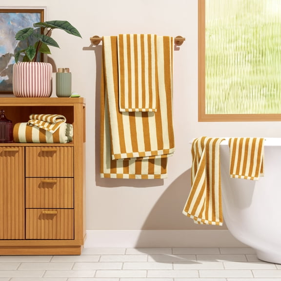 Beautiful by Drew Barrymore 6-Piece Stripe Hem Bath Towel Set, Soft 100% Cotton, Yellow