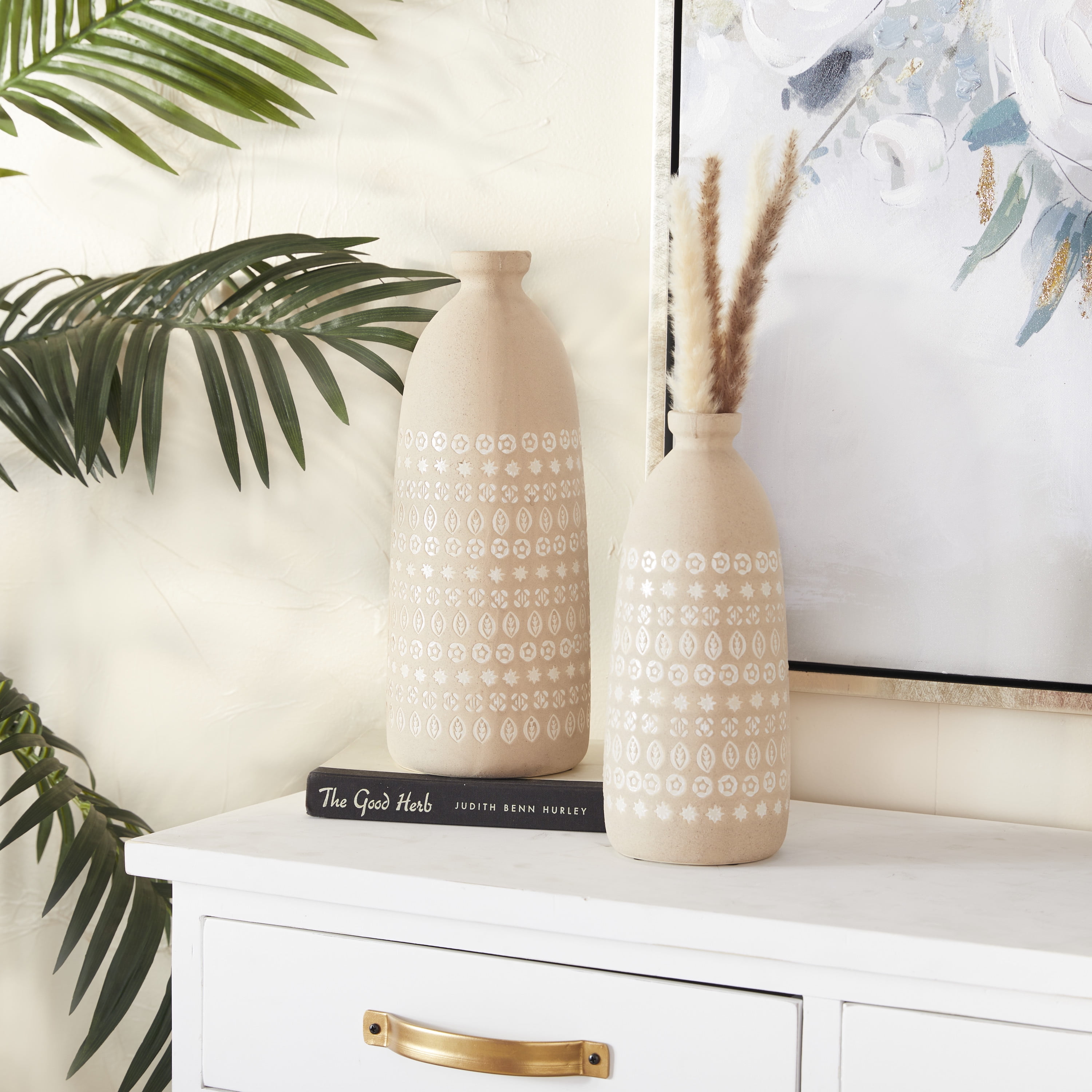 DecMode 15", 12"H Handmade Beige Ceramic Vase with Star Patterns, Set of 2