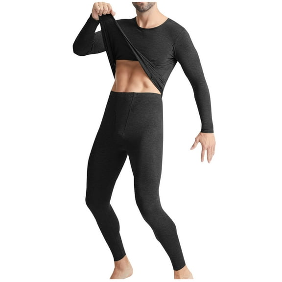 Rohuuque Men's Thermal Long Johns Set Casual Warm Fleece Lined Base Layer Set Winter Loungwear Long Sleeve for Cold Weather Black