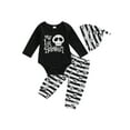thumbnail image 1 of Bagilaanoe 3Pcs Newborn Baby Girl Halloween Outfits Skull Head Letter Print Long Sleeve Romper Tops Striped Skull Trousers Beanie Hat 3M 6M 12M 18M Infant Fall Long Pants Set, 1 of 8