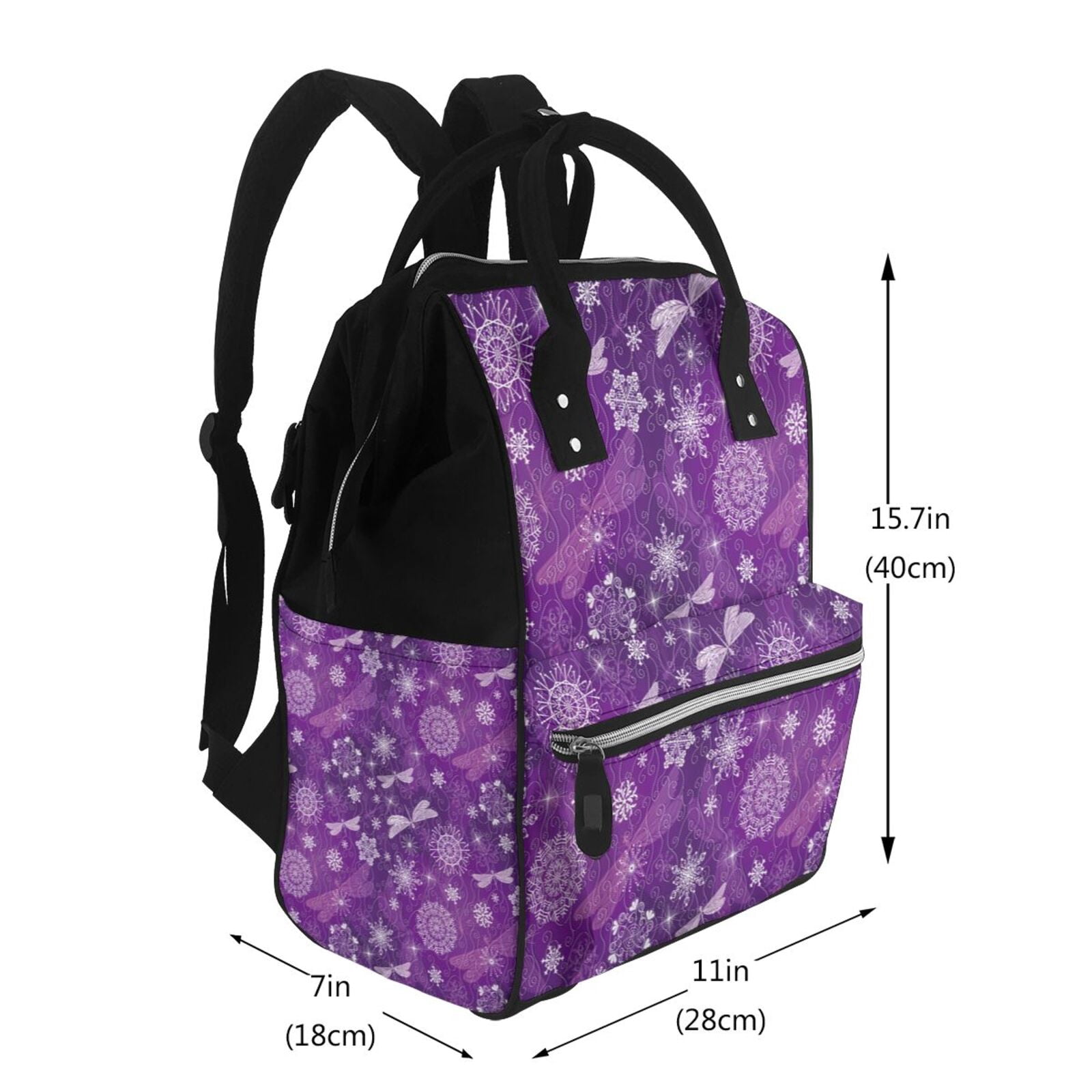 Ratiio Purple Snowflakes Mummy Backpack - Waterproof Twill Canvas, Large Capacity Diaper Bag with Multiple Pockets and Adjustable Straps