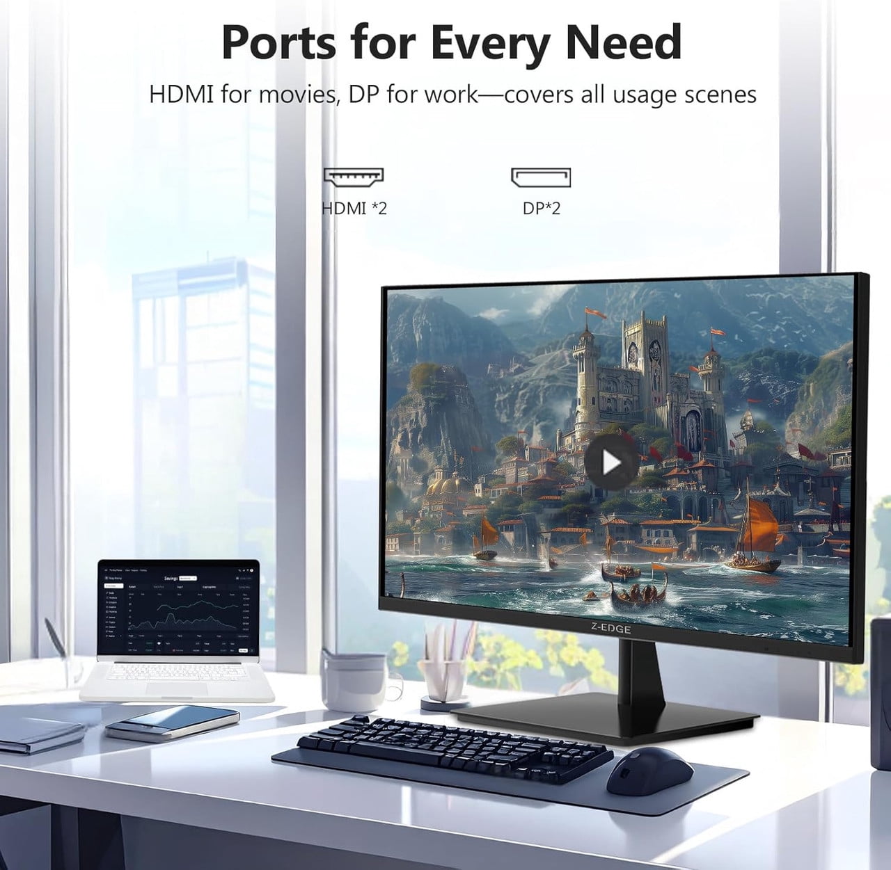 Z-EDGE 27 Inch 4K Monitor, Gaming Monitor, UHD 2160P IPS Display, AMD FreeSync, HDR Support, VESA Mount Compatible, Black