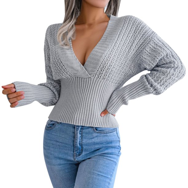 Gibobby Suéter para mujer, Suéter con cuello en V y hombros plisados para mujer(Gris,M)