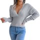 thumbnail image 1 of Gibobby Suéter para mujer, Suéter con cuello en V y hombros plisados para mujer(Gris,M), 1 of 5