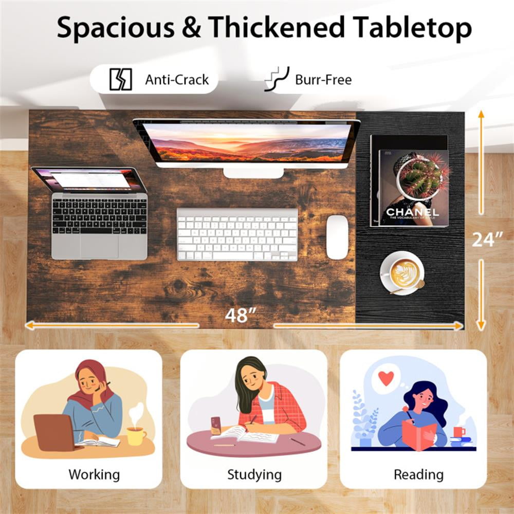 Demi Bonn 48" Home Computer Desk with 2 Drawers Hanging Hook, Office Desk Study Writing Table, Brown