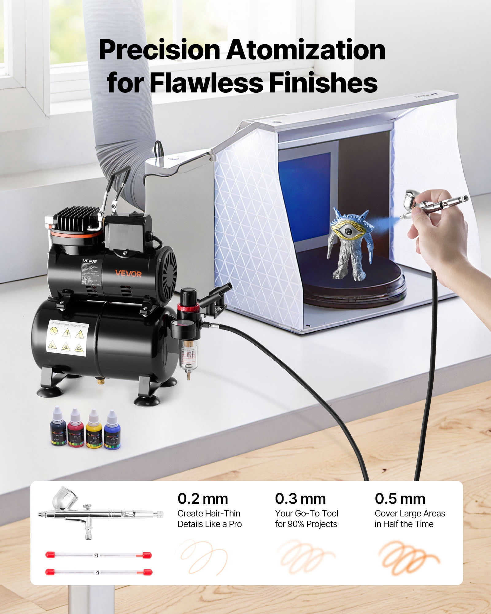 VEVOR Airbrush Kit, 1/6 HP, Air Brush Kit with Air Compressor and Tank, 1 Dual-Action Professional Airbrush with 3 Tips, Acrylic Paint, Low Noise, for Cake Decorating, Model Painting, Nail Art