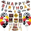 Race Car Birthday Party Decorations - Racing Birthday Banner, Checkered Flag Balloons, Traffic Signs Cutouts and Cake Topper for Kid Boys Let's Go Racing Themed Party Supplies
