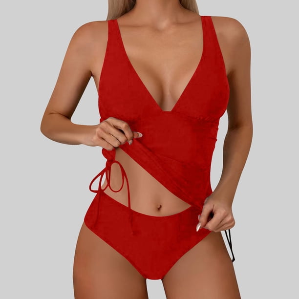Trajes de baño para mujer, Trajes de baño para mujer Traje de baño de mujer con abertura, cintura alta, color liso, traje de baño bikini conservador y a la moda Traje de baño de nailon para mujer
