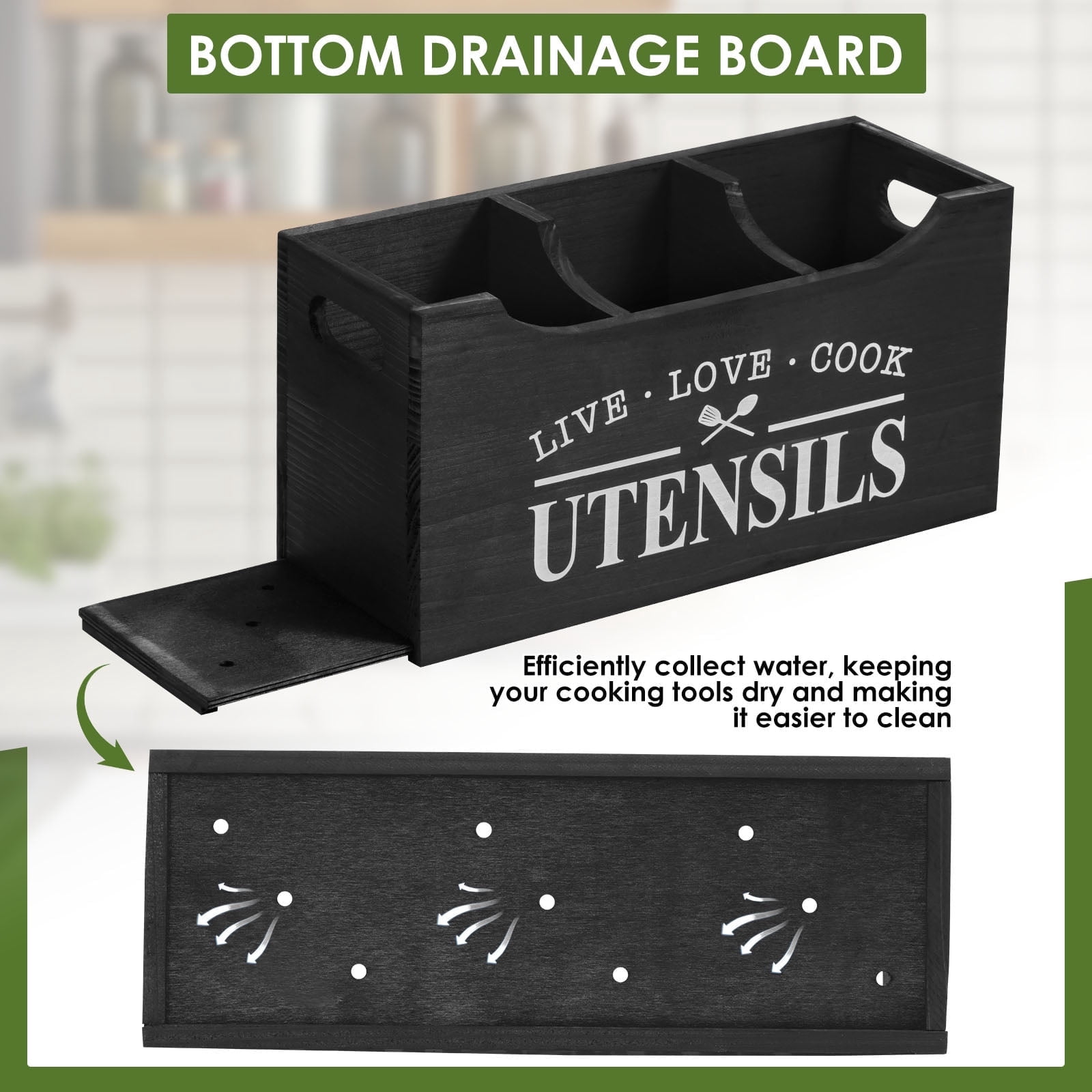 FUYGRCJ Kitchen Utensil Holder with Drainage Bottom, 3 Compartments Solid Real Wood Utensil Organizer for Kitchen Counter, Farmhouse Cooking Tools Storage for Home Countertop